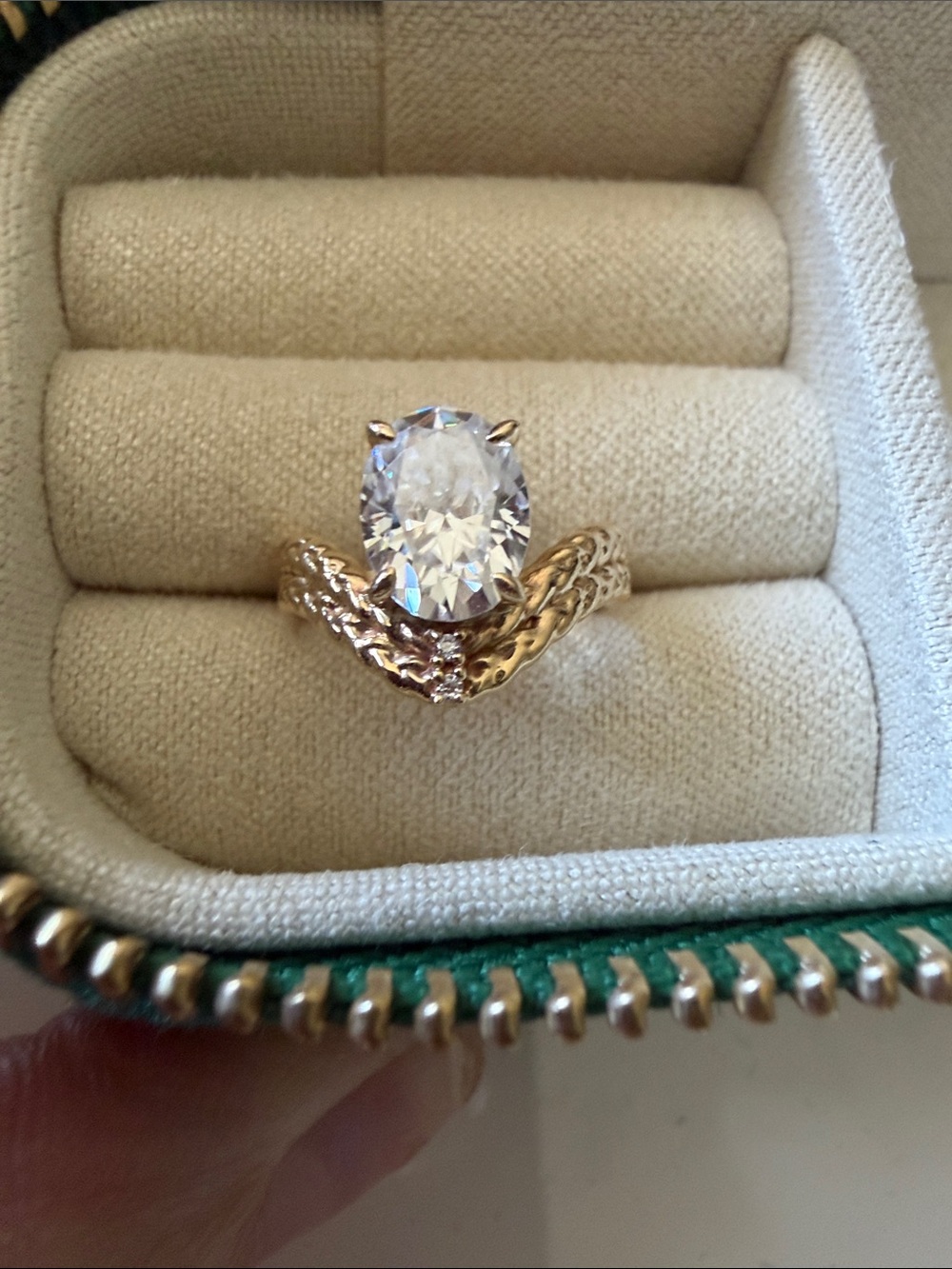 Gold Braided Band Ring with Oval Clear Stone - Women Jewelry